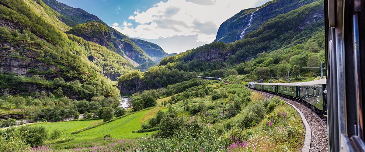 Cliff views and landscapes seen from the Flåm railway, Norway
